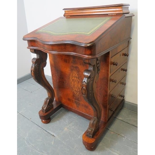 743 - A 19th century style walnut Davenport, featuring marquetry inlay and insert tooled green leather wri... 