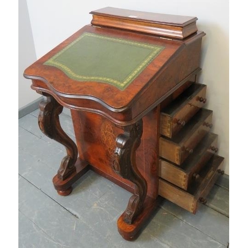 743 - A 19th century style walnut Davenport, featuring marquetry inlay and insert tooled green leather wri... 