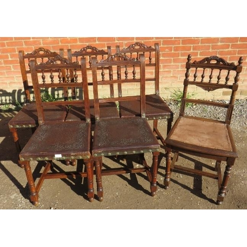 775 - Five Edwardian oak dining chairs with embossed leather seats, on reeded supports with stretchers, an... 