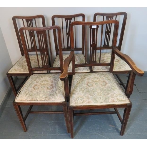 791 - Five (4+1) Edwardian mahogany dining chairs strung with satinwood, with tapestry seats, on tapering ... 
