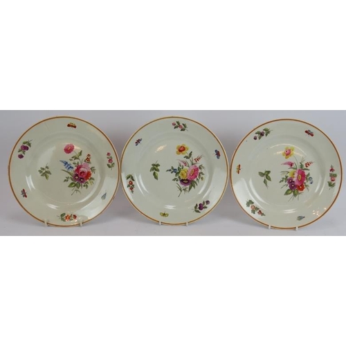 10 - Three late 18th century hand decorated Spode plates with floral sprays and bug borders. Incise marks... 