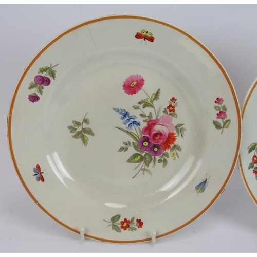 10 - Three late 18th century hand decorated Spode plates with floral sprays and bug borders. Incise marks... 