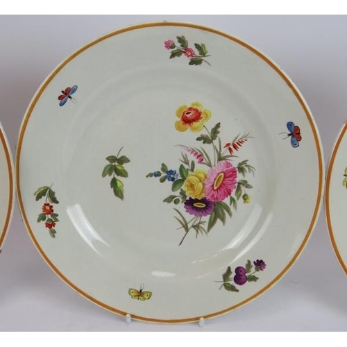 10 - Three late 18th century hand decorated Spode plates with floral sprays and bug borders. Incise marks... 