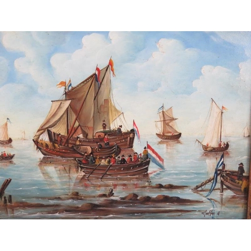 572 - French School (20th century) - 'Sail boats and rowing boats in calm waters', oil on panel, indistinc... 