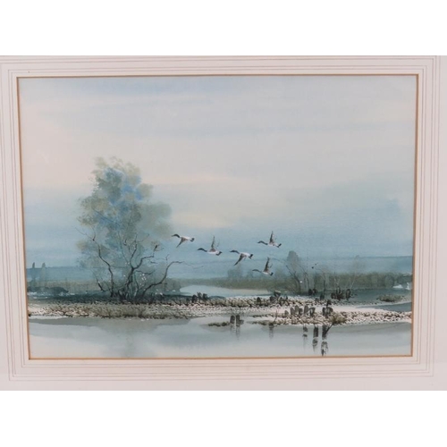 575 - British School (20th Century) - 'Lake Scenes with ducks in flight', a pair, watercolours, one signed... 