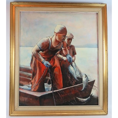 577 - Ronald E. Banwell (20th Century) - 'Fishermen hauling in the nets', oil on canvas, signed, remnants ... 