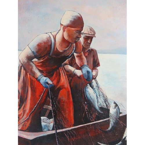 577 - Ronald E. Banwell (20th Century) - 'Fishermen hauling in the nets', oil on canvas, signed, remnants ... 