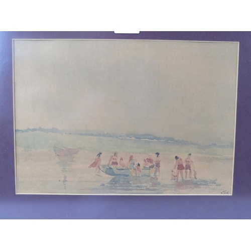 588 - William George Tuck (British, 1900-1999) - 'Figures on a Beach', watercolour, signed, 24cm x 35cm, f... 