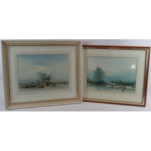 575 - British School (20th Century) - 'Lake Scenes with ducks in flight', a pair, watercolours, one signed... 