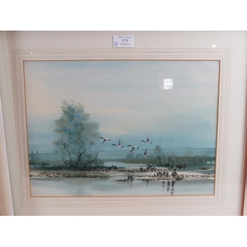 575 - British School (20th Century) - 'Lake Scenes with ducks in flight', a pair, watercolours, one signed... 