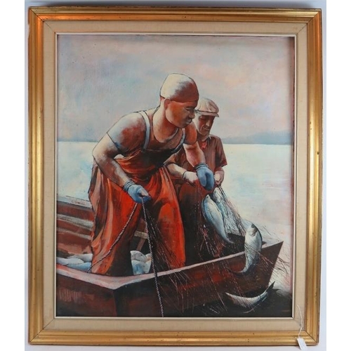 577 - Ronald E. Banwell (20th Century) - 'Fishermen hauling in the nets', oil on canvas, signed, remnants ... 