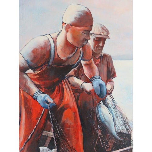 577 - Ronald E. Banwell (20th Century) - 'Fishermen hauling in the nets', oil on canvas, signed, remnants ... 