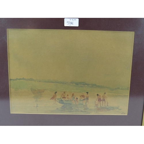 588 - William George Tuck (British, 1900-1999) - 'Figures on a Beach', watercolour, signed, 24cm x 35cm, f... 