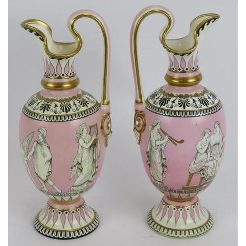 116 - A pair of Samuel Alcock & Co porcelain Grecian urns depicting classical figures on a pink ground. He... 