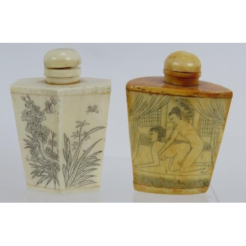 16 - Two mid 20th century Japanese bone snuff bottles featuring etched erotic scenes.  Height: 6cm (2).
C... 