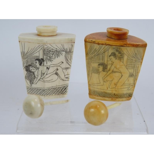 16 - Two mid 20th century Japanese bone snuff bottles featuring etched erotic scenes.  Height: 6cm (2).
C... 