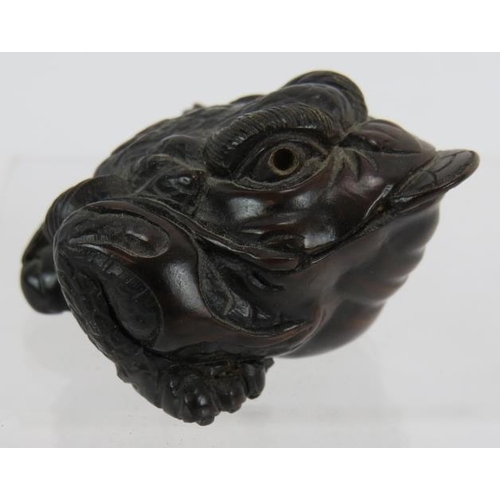 18 - A finely carved Japanese hardwood Netsuke of a frog with his tongue out. Height: 2.5cm. Signed panel... 