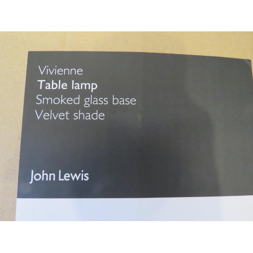 223 - A brand new John Lewis Vivienne lamp with smoked glass base and gold velvet shade. Overall height 49... 