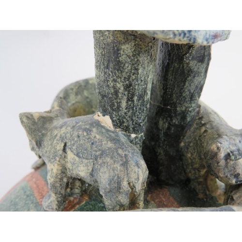 231 - Three pieces of Amanda Popham studio pottery including a pam tree and two figures with cats.  Talles... 