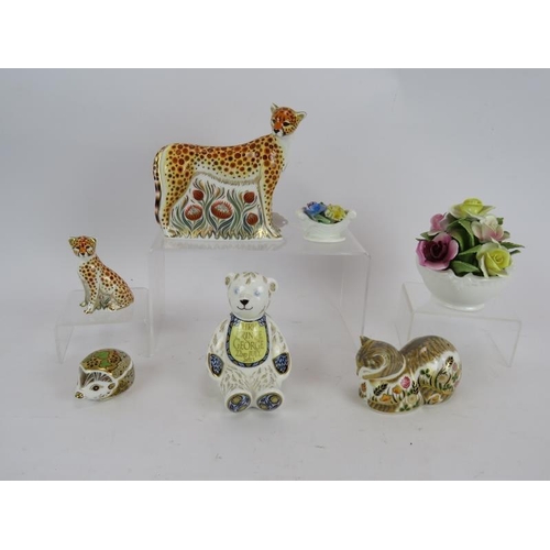 232 - Five Royal Crown Derby figures including a commemorative Prince George bear hedgehog, a cat and two ... 