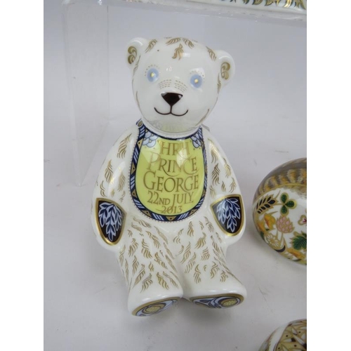 232 - Five Royal Crown Derby figures including a commemorative Prince George bear hedgehog, a cat and two ... 