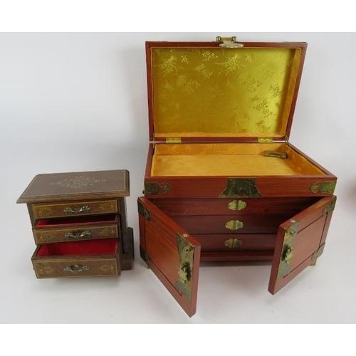 236 - A contemporary Chinese cherry wood jewellery chest, a smaller jewellery chest and five miscellaneous... 