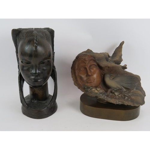 239 - A large carved hardwood African bust of a female and a composite fantasy sculpture of a female and b... 