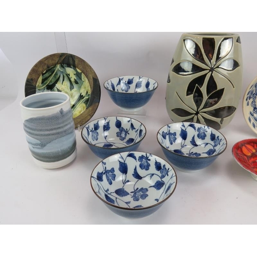 241 - A mixed lot of contemporary and studio pottery including Poole, a Spongeware bowl, four Japanese bow... 