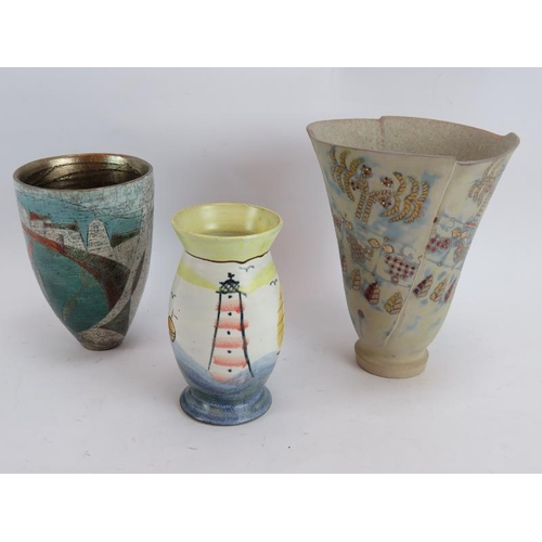 243 - Three studio pottery vases, the largest by Pam Wright, Dingley Dell Pottery.  The others both with L... 