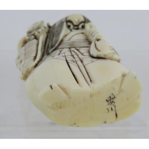 28 - A Japanese carved ivory Netsuke, early 20th century, of a figure with changing face and spider on hi... 