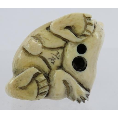 30 - A Japanese carved ivory Netsuke early 20th century, of a monkey and dog. Height: 3.2cm. Signed to ba... 