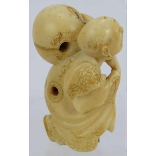 43 - A well carved Japanese Meiji period ivory Netsuke of a man carrying a gourd, signed to foot. Height ... 