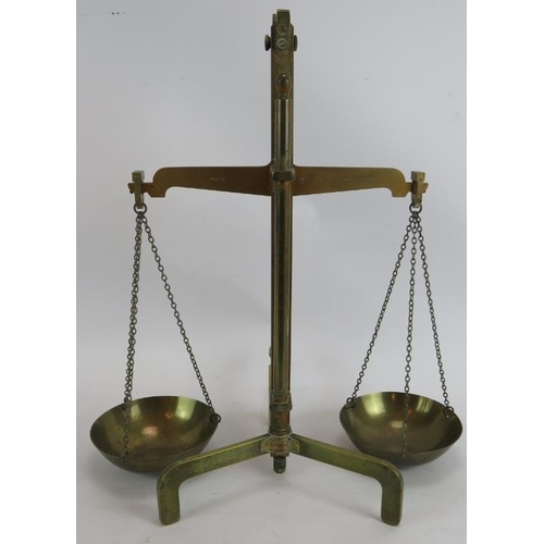 5 - A pair of 1950's brass balance scales by H.M. Stanley Ltd., London. To weigh up to 50 oz Troy. Heigh... 