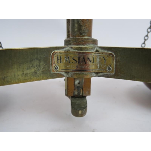 5 - A pair of 1950's brass balance scales by H.M. Stanley Ltd., London. To weigh up to 50 oz Troy. Heigh... 