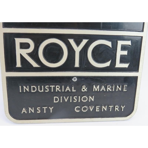 51 - A Rolls Royce Industrial and Marine Division metal and enamelled sign, removed from a London based R... 