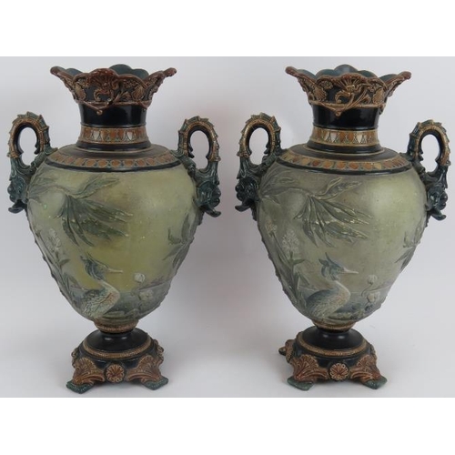 58 - A pair of Gerbing & Stephan late 19th century Majolica vases depicting flamingos and herons. Height ... 