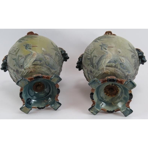 58 - A pair of Gerbing & Stephan late 19th century Majolica vases depicting flamingos and herons. Height ... 