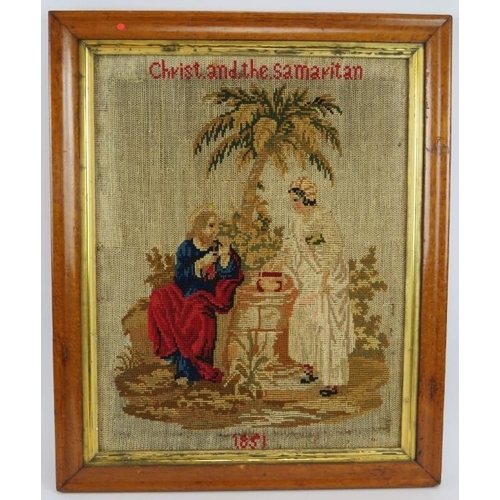 60 - A 19th century tapestry depicting Christ and the Samaritan dated 1851 housed in a Period maple frame... 