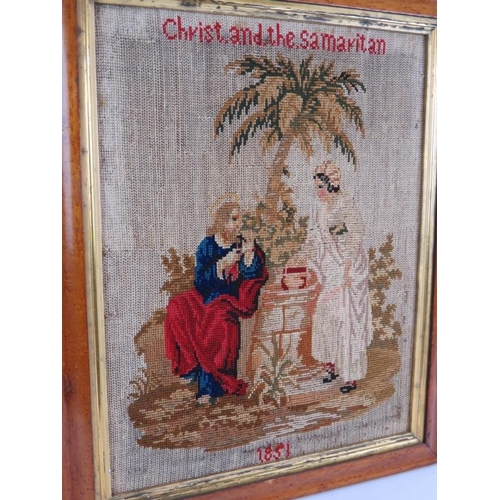 60 - A 19th century tapestry depicting Christ and the Samaritan dated 1851 housed in a Period maple frame... 