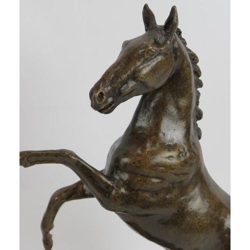 61 - A contemporary bronze figure of a rearing stallion mounted on a black slate plinth. Unsigned. Height... 