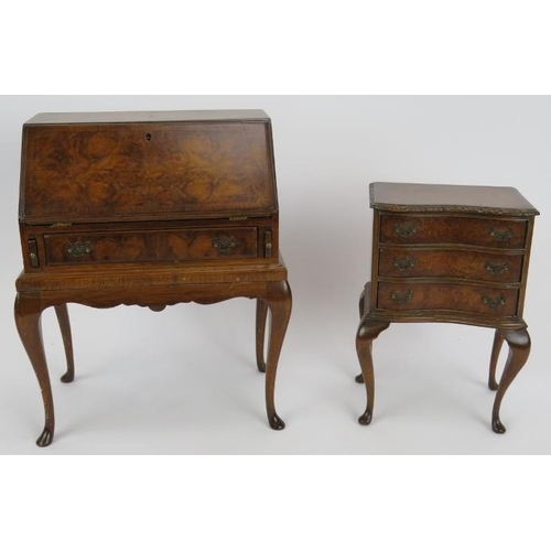 67 - A four piece set of vintage miniature burr walnut furniture, possibly display items, comprising a bu... 