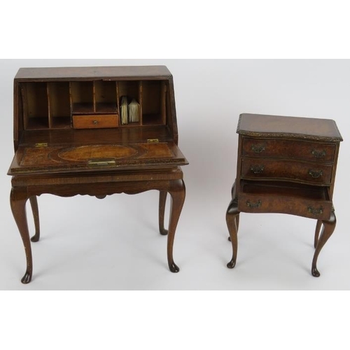 67 - A four piece set of vintage miniature burr walnut furniture, possibly display items, comprising a bu... 