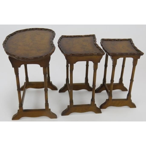 67 - A four piece set of vintage miniature burr walnut furniture, possibly display items, comprising a bu... 