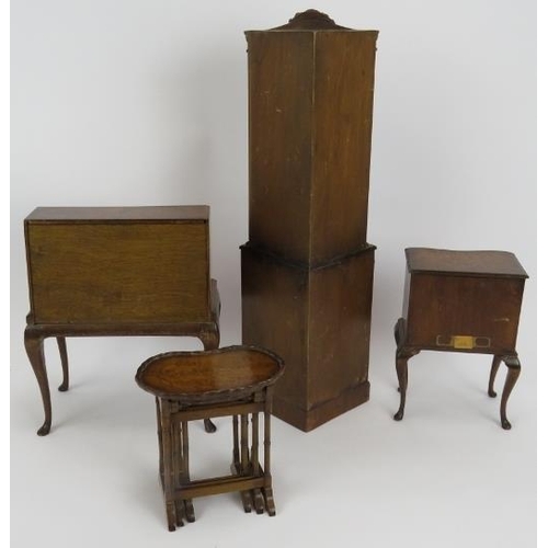 67 - A four piece set of vintage miniature burr walnut furniture, possibly display items, comprising a bu... 