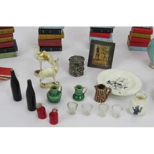 73 - A quantity of mainly antique dolls house accessories including plates, vases, jugs, glasses etc. Plu... 