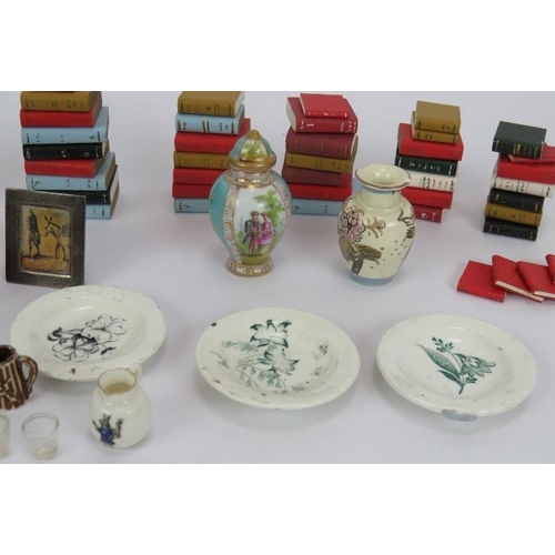 73 - A quantity of mainly antique dolls house accessories including plates, vases, jugs, glasses etc. Plu... 