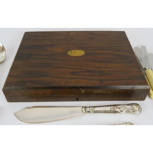 74 - A boxed set of Asprey & Co fish knives and forks, a pair of similar fish servers, a pair of salad se... 