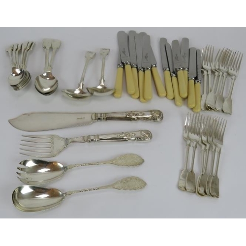 74 - A boxed set of Asprey & Co fish knives and forks, a pair of similar fish servers, a pair of salad se... 