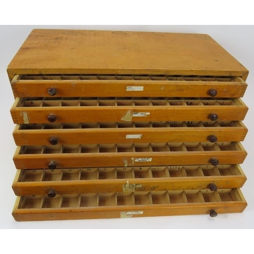 90 - A vintage beech wood printers/collectors cabinet of six drawers, each divided into 60 sections. 50cm... 