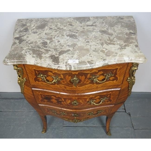 705 - A fine quality Louis XV revival tulipwood marble topped chest of three long drawers, featuring ormol... 